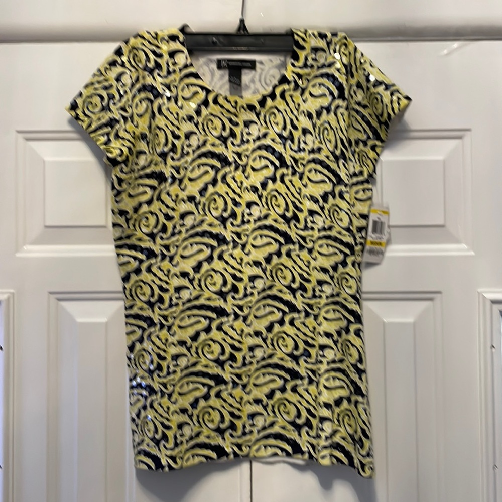 Yellow and blue size medium Inc. shirt. Clear sequins all over front and back.
